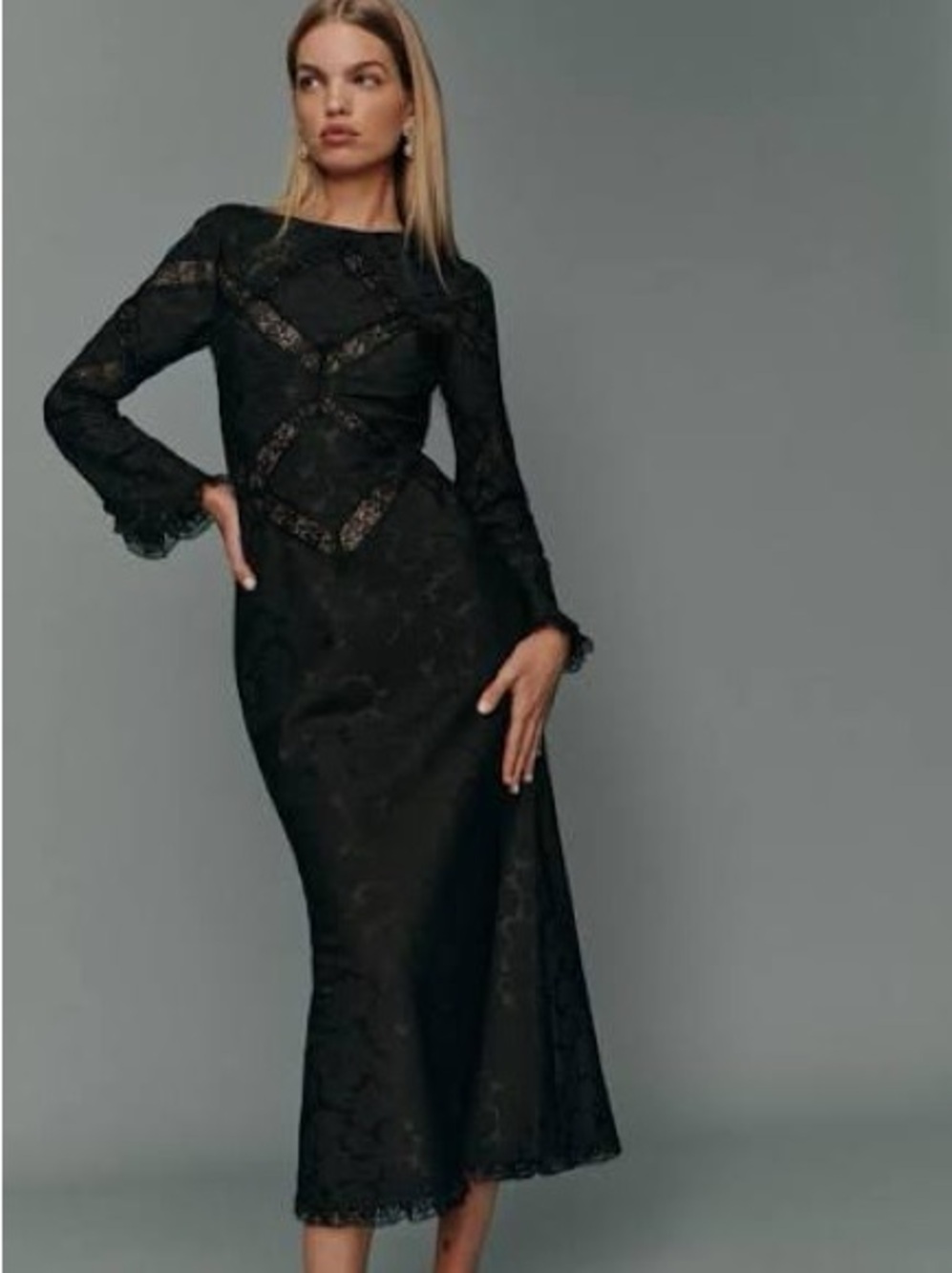 Reformation Black Lace Long-Sleeve Midi Dress NWT